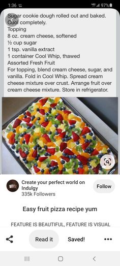 an app showing the recipe for a fruit pizza with different toppings and ingredients on it