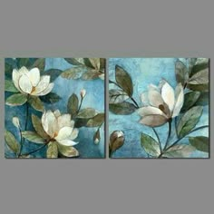 two paintings with white flowers and green leaves on blue background, one is painted in the same