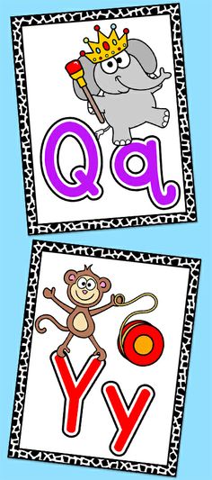 two pictures with the letters q and y on them, one has a monkey holding a ball