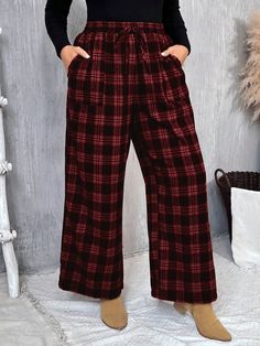 Plus Size Comfortable Plaid Wide Leg Pants For Holiday, Autumn Burgundy Casual   Woven Fabric Plaid Straight Leg Non-Stretch Fall/Winter Women Plus Clothing, size features are:Bust: ,Length: ,Sleeve Length: Winter Plaid Wide Leg Bottoms, Plaid Burgandy Pants, Casual Plaid Wide-leg Bottoms, Red Plaid Pants Pajamas, Red Plaid Pajama Pants Women, Casual Hat, Plus Size Pants, Cosplay Dress, Winter Women