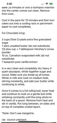 the recipe for chocolate cake mix is shown in this screenshote screen graber