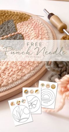 the free punch needle pattern is shown next to some yarn and scissors on a table