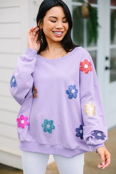 This adorable sweatshirt is just my type! It's cute! It's fun! But most importantly, it's comfy! This sequin floral sweatshirt is absolutely perfect for spring! This sweatshirt features long bubble sleeves, a wide round neckline, and sporadic sequined flowers.  Material has a generous amount of stretch.Cindy is wearing the small. Just My Type, Floral Sweatshirt, Floral Cocktail Dress, My Type, Black Tie Dress, Long Sleeve Outerwear, Two Piece Swimwear, Friend Outfits, Lavender Purple