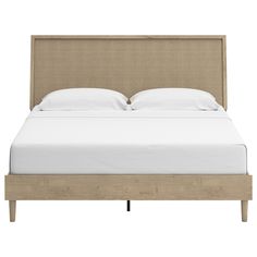 the headboard and foot board are made from wood, with white sheets on it