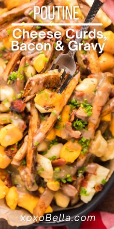 a close up of a plate of food with bacon and gravy