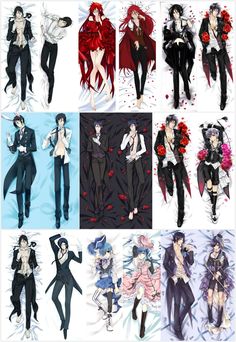 many different pictures of people dressed in black and white outfits with red flowers on them