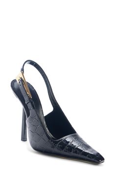 A gleaming geometric heel balances the elongated pointy toe of this croc-embossed patent-calfskin slingback finished with a statement buckle. 4 3/4" (110mm) heel ( size 38.5) 2" ankle strap Adjustable slingback strap with buckle closure Leather upper, lining and sole Made in Italy Designer Shoes Luxury Crocodile Pattern Heels For Party, Luxury Party Heels With Crocodile Pattern, Elegant Crocodile Pattern Heels For Party, Elegant Party Heels With Crocodile Pattern, Luxury Crocodile Pattern Heels For Formal Occasions, Chic Crocodile Pattern Heels For Formal Occasions, Chic Formal Heels With Crocodile Pattern, Chic Crocodile Pattern Heels For Formal Events, Chic Crocodile Pattern Formal Heels