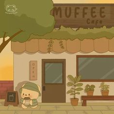 a cartoon character sitting in front of a coffee shop