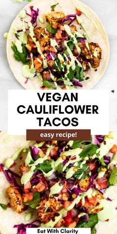 vegan cauliflower tacos with avocado sauce and red cabbage on top