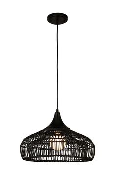 a black hanging light fixture with a cage design on the bottom and an open bulb at the top