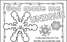 a coloring page with the words god made me unique and an image of snowflakes