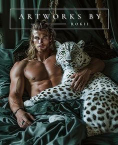 a shirtless man holding a white tiger on top of a green bed cover with the words art works by rokii