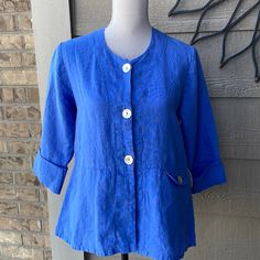 Flax Rich Blue Linen Peplum Jacket With Mop Buttons. Size Sp. Nwt Spring Blue Outerwear With Button Cuffs, Blue Spring Outerwear With Button Closure, Blue Collared Outerwear For Spring, Linen Jackets Women, Mop Buttons, Travel Blazer, Floral Print Jacket, Linen Cardigan, Textured Jacket