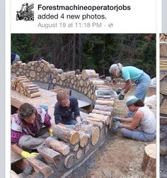 some people are working on wood in the woods with logs and other things to make it look like they're building something out of wood