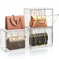 three different types of purses are in a display case