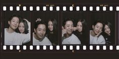 four polaroid photos of people smiling and posing for the camera with their hands on their faces