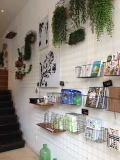 the shelves are filled with books and plants on the wall behind them is a set of stairs that lead up to the second floor