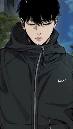 an anime character with black hair wearing a hoodie