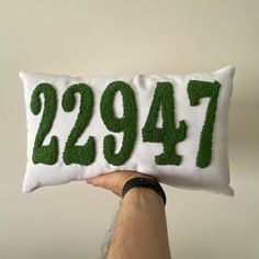 someone is holding up a pillow with the number twenty seven on it and grass in the shape of numbers