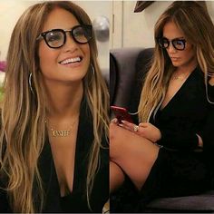 two pictures of a woman wearing glasses and looking at her cell phone while sitting in a chair