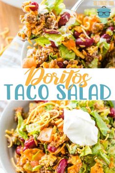 a bowl full of taco salad with sour cream on top and the title above it