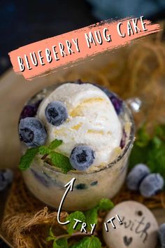 a blueberry mug cake with ice cream and berries