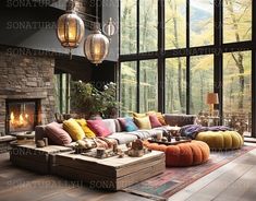 a living room filled with lots of furniture next to a fire place and large windows