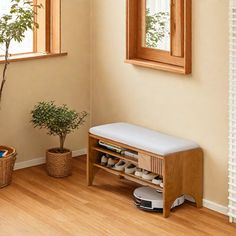 a room with a bench, potted plant and mirror