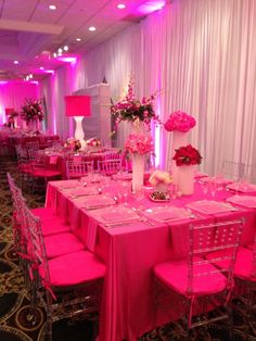 the tables are set with pink linens and flowers