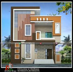 this is an image of a modern style house in the philippines or india with wood trimmings on the front and side walls