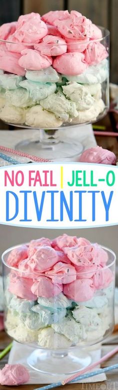 there is a cake with pink frosting on it and the words no fail jell o'divinity