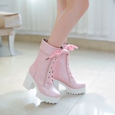 Color: Pink, Shoes Size: 34 Kawaii Heels, Lace High Heels, Y2k Aesthetic Fashion, Chunky Ankle Boots, Elegant Boots, Kawaii Shoes, Cute Boots, Heels Boots, Martin Boots