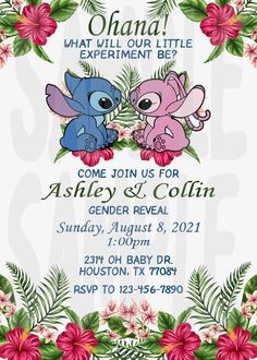 a baby shower is shown with pink and blue flowers on the bottom, and an elephant in