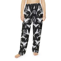 Goth Bats Women's Pajama Pants | Vampire Bat Lounge Pants | Floral Pj Bottoms | Gothic Bats Pajama Pants | Horror Aesthetic These pajama pants are made with 100% brushed polyester that feels extra cozy to slip into. The soft and stretchy fabric makes it perfect for sleeping or lounging around home drinking your favorite cozy beverage. Details:   - Material: 100% brushed polyester - Light fabric (5.6 oz/yd² (190 g/m - Elastic waistband Shipping: This item is shipped directly from our print partne Black Relaxed Fit Sleep Pants, Black Sleep Bottoms Long Pants, Black Sleep Bottoms, Wide Leg Black Pants For Pajama Party, Black Long Pants For Sleep, Black Long Pants For Pajama Party, Horror Pajamas, Horror Aesthetic, Gothic Pants