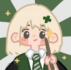 a cartoon girl with blonde hair holding a stick and wearing a green tie, standing in front of an abstract background