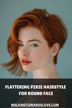 Woman with short red hair styled in a pixie cut, promoting a hairstyle for round faces. Round Face Shape, Soft Feminine, Pixie Haircuts, Facial Features, Round Faces, Hairstyles For Round Faces, Pixie Hairstyles, Pixie Haircut