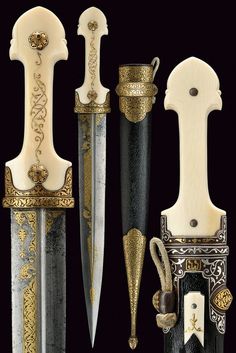 three different types of knifes with gold accents on them, one is black and the other is white