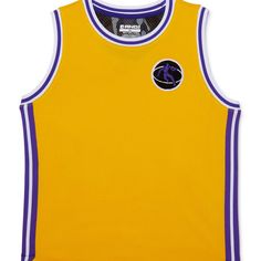 a yellow basketball jersey with purple and white stripes on the front, featuring an image of a