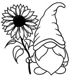 a black and white drawing of a sunflower with a gnome's hat on it