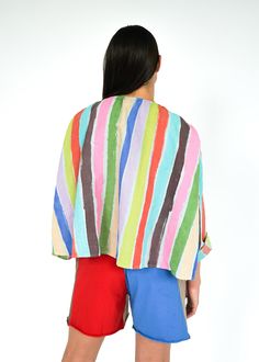 When we dream of Summer Us, this is it. We’re eccentric yet elegant, luxurious but also a little messy and handmade. This hand painted labor of love (so many stripes, yall!) is a head turner. Painted on a lightweight linen, it will only get better with each wear, wash, and stuff in a suitcase. The elastic neck makes it easy and comfy to wear, the boxy fit long sleeves make it lovely in the sun and on warmer days. We love to roll the sleeves, and to layer it over a myriad of looks and silhouettes Get Better, Labor, Of Love, Stripes, Long Sleeves, Hand Painted, Sun, Elastic, Long Sleeve