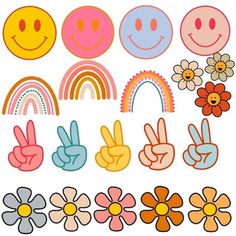 a variety of smiley faces and flowers with peace, love, and rainbows on them