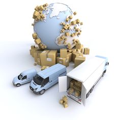 a large truck with boxes around it and a globe on the back is surrounded by smaller trucks