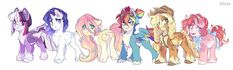 many different colored ponys are lined up in a row, one is pink and the other is blue