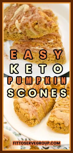 close up images of keto pumpkin scones on white plates Keto Pumpkin Scones, Pumpkin Spice Scones, Pumpkin Recipes Keto, Pumpkin Scones Recipe, Pumpkin Puree Recipes, Baking With Coconut Flour, Scones Easy, Pumpkin Scones