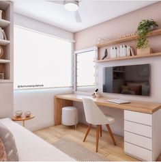 a room with a desk, chair and television on the wall in front of it