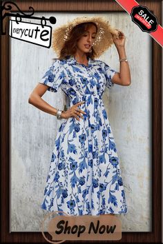 Elegant Women Summer Dress New Slim Vintage Lapel High Waist Midi Dress Casual Blue and White Printed Short Sleeve Dress Women Summer Dress, Midi Dress Casual, Dresses By Length, Short Sleeve Dress, Summer Dresses For Women, Elegant Woman, Women's Fashion Dresses, Printed Shorts, Summer Dress