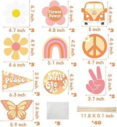 a poster with different types of stickers and numbers on it's sides, including peace