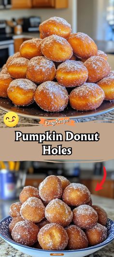 two plates filled with doughnut holes on top of a kitchen counter next to each other