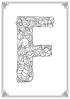 the letter e is made up of doodled flowers and leaves in black and white