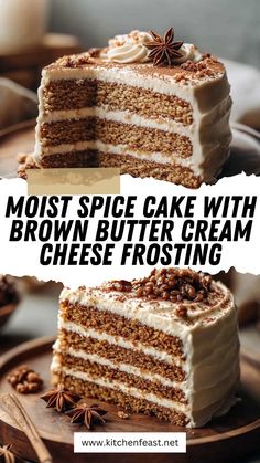 two slices of cake with brown butter cream frosting and cinnamon spice sprinkles